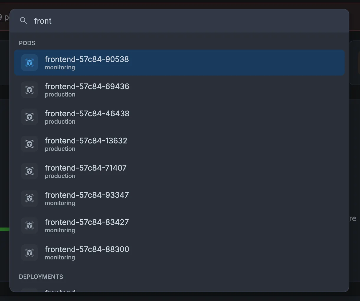 Command palette matching frontend pods and deployments