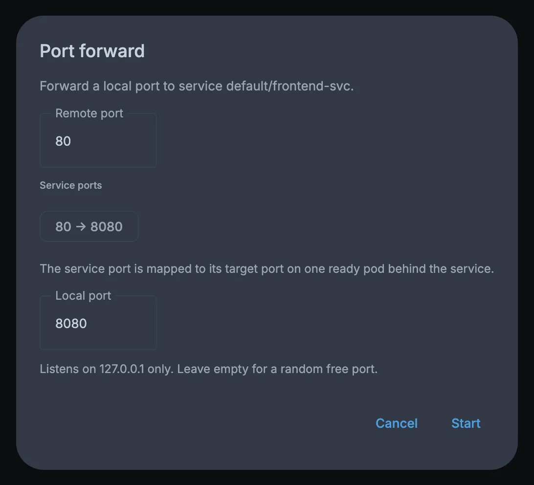 Port forward dialog for a service, mapping port 80 to a local port