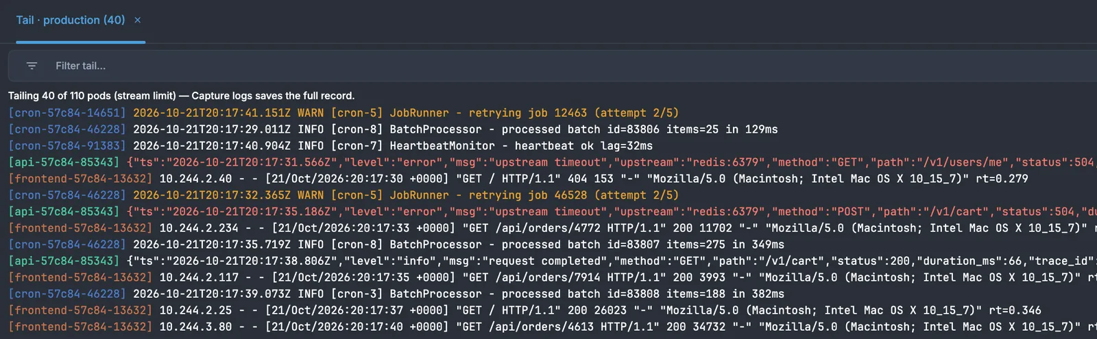 Logs drawer tailing a namespace's pods, color-coded per pod