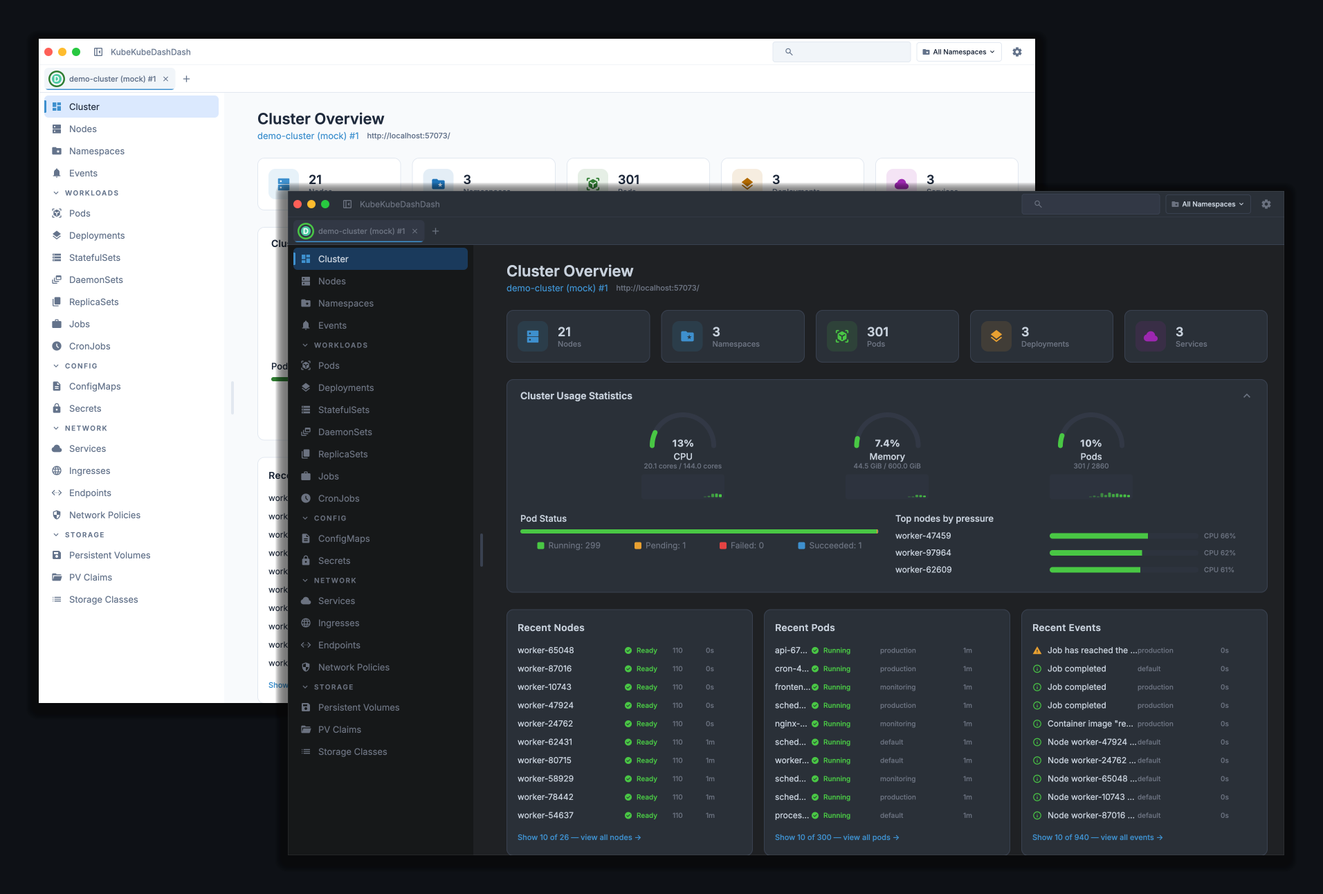Cluster overview rendered in dark and light themes side by side